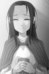 Rule 34 | 1girl, ayakura juu, earrings, closed eyes, fran vonely, greyscale, holding, jewelry, long hair, monochrome, novel illustration, official art, smile, solo, spice and wolf, upper body