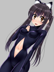 Rule 34 | 1girl, animal ears, black hair, bodysuit, breasts, brown eyes, cat ears, cat girl, clothing cutout, female focus, highres, impossible clothes, k-on!, long hair, nakano azusa, navel, navel cutout, sen (sansui), solo, twintails