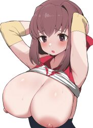 Rule 34 | 1girl, blush, breasts, breasts out, brown eyes, brown hair, cleavage, clothes lift, clothing aside, elbow sleeve, girls und panzer, hair between eyes, headband, highres, kondou taeko, large breasts, looking at breasts, medium hair, nipples, one-piece swimsuit, open mouth, red headband, shirt lift, simple background, solo, swimsuit, swimsuit aside, swimsuit under clothes, undersized clothes, water drop, white background, yabai gorilla