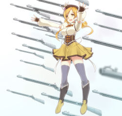 Rule 34 | 10s, 1girl, bad id, bad pixiv id, beret, blonde hair, blurry, boots, brown thighhighs, corset, depth of field, detached sleeves, drill hair, fate/stay night, fate (series), floating, full body, gate of babylon (fate), gun, hair ornament, hairpin, hat, long hair, magical musket, mahou shoujo madoka magica, mahou shoujo madoka magica (anime), masamuuu, musket, outstretched arms, perspective, pleated skirt, puffy short sleeves, puffy sleeves, short sleeves, simple background, skirt, solo, striped clothes, striped thighhighs, telekinesis, thighhighs, tomoe mami, twin drills, twintails, vertical-striped clothes, vertical-striped thighhighs, weapon, yellow eyes, zettai ryouiki