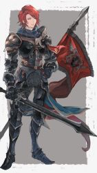 Rule 34 | 1boy, armor, belt, black armor, border, commentary request, flag, full body, granblue fantasy, grey background, hand on own hip, highres, holding, holding sword, holding weapon, looking to the side, male focus, medium hair, mumu vosp, percival (granblue fantasy), red eyes, red hair, solo, standing, sword, weapon