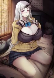Rule 34 | 10s, 1girl, abyssal ship, alternate costume, bed, black bra, black panties, black socks, blue skirt, blush, bra, breasts, calendar, calendar (object), cardigan, claws, cleavage, commentary request, embarrassed, full body, hands on own chest, horns, huge breasts, indoors, kantai collection, long hair, long sleeves, looking at viewer, open clothes, open shirt, pale skin, panties, pantyshot, pillow, red eyes, seaport princess, shiny skin, shirt, shoes, silver hair, single horn, skirt, socks, solo, sunlight, underwear, very long hair, window, yuzumiya mono