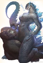 Rule 34 | 1boy, 1girl, breasts, cavehuuu, claws, crossover, fangs, furry, furry female, furry male, furry with furry, genderswap, genderswap (mtf), gills, girl on top, glowing, glowing gills, glowing spikes, glowing veins, godzilla, godzilla (series), godzilla vs. kong, highres, king kong, king kong (series), legendary pictures, licking lips, monsterverse, neon trim, scar, spines, straddling, tail, toho, tongue, tongue out, veins