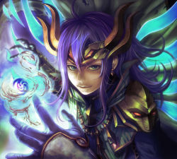 Rule 34 | 1boy, armor, bad id, bad pixiv id, earrings, energy ball, gloves, green eyes, horns, jewelry, loki (p&amp;d), long hair, looking at viewer, male focus, necklace, purple hair, puzzle &amp; dragons, shoichi (ekakijin), solo