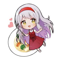 Rule 34 | 1girl, anbutter siruko, bad id, bad twitter id, blush, dress, food, full body, headband, heart, holding, holding ladle, kantai collection, ladle, long hair, official alternate costume, open mouth, red dress, red headband, shirt, short sleeves, shoukaku (kancolle), smile, solo, stew, transparent background, twitter username, white hair, white shirt, yellow eyes