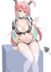 Rule 34 | 1girl, absurdres, ahoge, bikini, black bikini, black choker, breasts, breasts apart, choker, collarbone, colored inner hair, demon girl, demon horns, demon tail, detached sleeves, ear piercing, earrings, fang, frills, front-tie bikini top, front-tie top, halterneck, hand up, highres, horns, jewelry, large breasts, mole, mole under eye, multi-strapped bikini, multicolored hair, navel, open mouth, original, parfait desu, parfy (parfait ehmy), piercing, pink hair, red eyes, short sleeves, side-tie bikini bottom, solo, stomach, stomach tattoo, string bikini, swimsuit, tail, tattoo, thigh gap, thighhighs, thighs, white background, white thighhighs