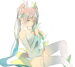Rule 34 | 1girl, alternate costume, alternate hairstyle, bare shoulders, brown eyes, brown hair, flower, hair flower, hair ornament, hatsune miku, holding, long hair, looking at viewer, lpip, simple background, sitting, sketch, solo, thighhighs, twintails, very long hair, vocaloid