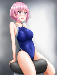 Rule 34 | 1girl, blue one-piece swimsuit, bob cut, breasts, cameltoe, collarbone, competition swimsuit, gradient background, grey background, highleg, highleg swimsuit, highres, medium breasts, one-piece swimsuit, open mouth, original, owarimiru, pink eyes, pink hair, riding machine, short hair, sitting, solo, swimsuit