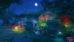 Rule 34 | arch bridge, architecture, arsenixc, bridge, bush, cloud, commentary, commentary request, copyright name, east asian architecture, english commentary, full moon, grass, highres, lantern, love money rock&#039;n&#039;roll, mixed-language commentary, moon, night, night sky, no humans, outdoors, path, plant, railing, river, road, scenery, sky, star (sky), starry sky, stepping stones, stone lantern, torii, tree, water, watermark, wooden bridge