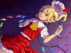 Rule 34 | 1girl, animal, ascot, bird, blonde hair, blood, buttons, collared shirt, cowboy shot, crystal, dead animal, death, dress shirt, fingernails, flandre scarlet, frilled shirt collar, frilled skirt, frilled sleeves, frills, full of energy, glowing, glowing wings, gradient background, hair between eyes, hat, highres, holding, holding animal, holding bird, lying, medium hair, mob cap, multicolored wings, nail polish, on back, one side up, petals, pointy ears, puffy short sleeves, puffy sleeves, purple background, red eyes, red nails, red petals, red skirt, red vest, sharp fingernails, shirt, short sleeves, simple background, skirt, skirt set, solo, touhou, unworn hat, unworn headwear, vest, white bird, white hat, white shirt, wings, yellow ascot