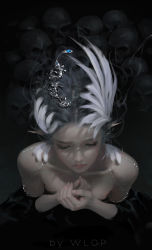 Rule 34 | 1girl, bare shoulders, black dress, blue eyes, collarbone, dark background, dress, expressionless, feather hair ornament, feathers, from above, ghostblade, grey hair, feather hair ornament, half-closed eyes, hands on own chest, highres, long hair, long sleeves, looking away, mole, mole under eye, pointy ears, skull, solo, strapless, strapless dress, wlop