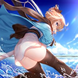 Rule 34 | 1girl, ahoge, black scarf, black thighhighs, blonde hair, blue eyes, blue jacket, blue sky, bow, cloud, cloudy sky, commentary request, day, fate/grand order, fate (series), from behind, hair bow, hakuda tofu, highres, holding, holding weapon, jacket, japanese clothes, katana, kimono, looking at viewer, okita souji (fate), okita souji (koha-ace), outdoors, red bow, sash, scarf, sheath, short hair, sky, solo, sword, thighhighs, translation request, water, weapon, wide sleeves