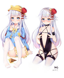Rule 34 | 1girl, absurdres, aged down, alternate breast size, azur lane, bad id, bad pixiv id, bare shoulders, black dress, blue eyes, blue shirt, blush, bow, breasts, closed mouth, collarbone, commentary request, cropped legs, dress, food, groin, hair ornament, hand up, hands up, hat, highres, ice cream, ice cream cone, kindergarten uniform, knees up, long hair, long sleeves, looking at viewer, manjuu (azur lane), medium breasts, miaogujun, mole, mole under eye, multiple views, nail polish, navel, no shoes, nose blush, panties, parted lips, pelvic curtain, pigeon-toed, pink nails, pleated skirt, sailor collar, school hat, shirt, shoukaku (azur lane), shoukaku (sororal wings) (azur lane), silver hair, simple background, sitting, skirt, spill, striped clothes, striped panties, thighhighs, underwear, very long hair, white background, white sailor collar, white thighhighs, yellow bow, yellow headwear, yellow skirt