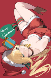 Rule 34 | 1girl, amagasa yun, bare shoulders, blonde hair, blush, box, breasts, brown footwear, choker, cleavage, commentary request, dress, elbow gloves, fate/grand order, fate (series), fur-trimmed dress, fur-trimmed headwear, fur trim, gift, gift box, gloves, green eyes, grin, hat, high heels, highres, holding, holding gift, knees up, long hair, long sleeves, looking at viewer, lord el-melloi ii case files, lying, medium breasts, merry christmas, on back, red background, red dress, red gloves, red hat, reines el-melloi archisorte, santa costume, santa dress, santa hat, shoes, simple background, smile, solo, strapless