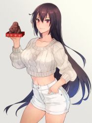 Rule 34 | 1girl, alternate costume, aran sweater, black hair, breasts, cable knit, chocolate, closed mouth, collarbone, commentary request, cowboy shot, cropped sweater, food, gorilla, grey background, hair between eyes, hand in pocket, highres, holding, holding chocolate, holding food, kantai collection, kasumi (skchkko), large breasts, long hair, long sleeves, nagato (kancolle), narrow waist, navel, red eyes, shorts, simple background, smile, solo, standing, sweater, white shorts, white sweater