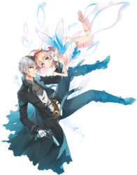 Rule 34 | 1boy, 1girl, ahoge, anklet, arm hug, bare shoulders, blonde hair, blue eyes, coat, dress, full body, gloves, grey hair, gun, hairband, hand on another&#039;s face, handgun, highres, jewelry, looking at viewer, pyon-kichi, revolver, short dress, tenrou toshi (sephirot), thighlet, weapon, white dress, white gloves