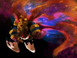 Rule 34 | 1boy, armlet, black background, blue horns, commentary request, crying, crying with eyes open, demon wings, disembodied hand, extra ears, gloves, horns, kirby (series), large horns, looking at hand, magolor, magolor soul, master crown, multicolored horns, nintendo, no humans, purple horns, rayman limbs, red eyes, red wings, sad smile, shirushiki, solid oval eyes, solo, tears, two-tone horns, white gloves, wings, yellow headwear