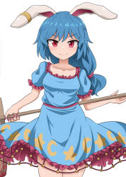 Rule 34 | 1girl, animal ears, blue dress, chups, closed mouth, collarbone, cowboy shot, crescent print, dress, earclip, highres, kine, long hair, looking at viewer, mallet, rabbit ears, red eyes, seiran (touhou), short sleeves, simple background, smile, solo, standing, star (symbol), star print, touhou, v-shaped eyebrows, white background