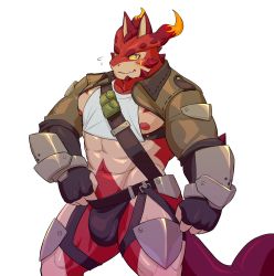Rule 34 | 1boy, abs, bara, blush, bulge, clothes pull, clothing cutout, colored sclera, cropped shirt, crotchless, crotchless pants, cthugha (housamo), fang, feet out of frame, flying sweatdrops, furry, furry male, highres, large pectorals, male focus, monster boy, muscular, muscular male, navel, nipples, octopus boy, pants, pants pull, pectorals, pulling own clothes, purple eyes, shrug (clothing), sidepec, smile, solo, stomach, tail, tentacle hair, thick thighs, thigh cutout, thighs, tokyo houkago summoners, tsukigara rosshi, yellow sclera