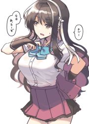Rule 34 | 1girl, black hair, blouse, blue bow, blue bowtie, bow, bowtie, breasts, commentary request, contrapposto, cowboy shot, fingerless gloves, gloves, kantai collection, large breasts, long hair, looking to the side, multicolored hair, naganami (kancolle), naganami kai ni (kancolle), nakadori (movgnsk), pink hair, pleated skirt, school uniform, shirt, short sleeves, simple background, skirt, solo, standing, translation request, two-tone hair, vest, unworn vest, wavy hair, white background, white shirt