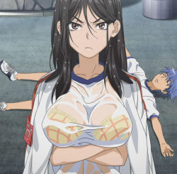 Rule 34 | 1boy, 1girl, angry, aogami pierce, black hair, blue hair, bra, breast hold, breasts, brown eyes, crossed arms, frown, fukiyose seiri, highres, impossible clothes, impossible shirt, lingerie, long hair, non-web source, protecting, screencap, see-through, shirt, stitched, third-party edit, toaru majutsu no index, toaru majutsu no index: old testament, underwear, wet, wet clothes, wet hair, wet shirt
