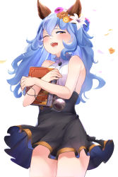 Rule 34 | 1girl, ;d, absurdres, blue hair, blush, book, cowboy shot, curly hair, dress, erune, ferry (granblue fantasy), flower, granblue fantasy, hair between eyes, hair flower, hair ornament, highres, holding, holding book, long hair, one eye closed, open mouth, petals, simple background, sleeveless, sleeveless dress, smile, solo, somray, teeth, upper teeth only, white background, yellow eyes, aged down