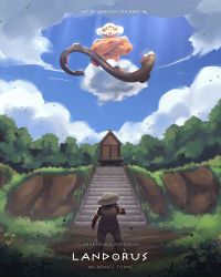 Rule 34 | 1boy, brown pants, brown shirt, brown vest, character name, clay (pokemon), cloud, commentary, copyright name, creatures (company), day, english commentary, falling leaves, fence, flower, game freak, gen 5 pokemon, grass, hat, highres, kelvin-trainerk, landorus, landorus (incarnate), leaf, legendary pokemon, light rays, long sleeves, male focus, nintendo, outdoors, pants, pokemon, pokemon (creature), pokemon bw, shirt, shrine, sky, stairs, standing, twitter username, vest, white headwear