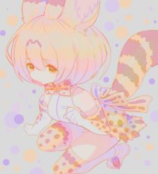Rule 34 | 1girl, absurdres, animal ear fluff, animal ears, blonde hair, bow, bowtie, breasts, brown eyes, clenched hand, elbow gloves, gloves, high-waist skirt, highres, kemono friends, looking down, medium breasts, notora, serval (kemono friends), serval print, serval tail, short hair, skirt, solo, squatting, tail, thighhighs, traditional bowtie