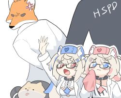 Rule 34 | 3girls, animal ears, black collar, blonde hair, blue eyes, coat, collar, colored inner animal ears, crying, dog ears, dog girl, fox ears, fox mask, fuwawa abyssgard, fuwawa abyssgard (1st costume), hair between eyes, hat, highres, hololive, hololive english, hololive grand theft auto, mask, mococo abyssgard, mococo abyssgard (1st costume), multiple girls, nurse, nurse cap, pink eyes, shirakami fubuki, siblings, sisters, snowmya, spiked collar, spikes, virtual youtuber, white coat