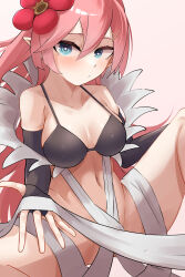 Rule 34 | 1girl, absurdres, black bra, blue eyes, bottomless, bra, breasts, bridal gauntlets, cotan (actancyaga), duel monster, fingerless gloves, gloves, highres, large breasts, long hair, looking at viewer, midriff, navel, no panties, pink hair, pointy ears, revealing clothes, solo, spread legs, traptrix rafflesia, underwear, very long hair, white background, yu-gi-oh!