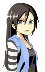 Rule 34 | 1girl, black eyes, black hair, female focus, haigyo, long hair, looking at viewer, original, parted lips, shirt, simple background, sleeveless, sleeveless shirt, solo, striped, upper body, vest, white background