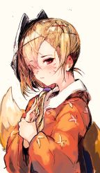 Rule 34 | 1girl, asymmetrical hair, blonde hair, blush, closed mouth, expressionless, facial mark, fox mask, fox tail, from side, hair ornament, hair over one eye, hair tie, hand on own wrist, japanese clothes, kimono, long hair, long sleeves, looking to the side, low ponytail, maido mido, mask, mask on head, orange kimono, original, red eyes, short hair, simple background, solo, sweat, tail, tsurime, upper body, whisker markings, wide sleeves, x hair ornament, yellow background