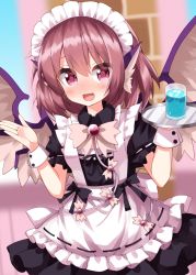 Rule 34 | 1girl, :d, alternate costume, apron, black dress, blush, bow, bowtie, brown hair, cowboy shot, cup, dress, enmaided, frilled apron, frills, hair between eyes, head wings, highres, holding, looking at viewer, maid, maid apron, maid headdress, mystia lorelei, open mouth, pink eyes, puffy short sleeves, puffy sleeves, ruu (tksymkw), short hair, short sleeves, smile, solo, touhou, tray, white apron, wings, wrist cuffs