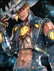 Rule 34 | 1boy, abs, apex legends, black gloves, black hat, blonde hair, blue eyes, blue jacket, bug, clothing cutout, copyright name, cropped jacket, dark-skinned male, dark skin, fingerless gloves, gloves, glowing, glowing eye, hair over one eye, hand on headwear, hat, highres, hoja (hoja1214), insect, jacket, lip piercing, male focus, moth, nail polish, navel, one eye covered, piercing, seer (apex legends), sleeveless, sleeveless jacket, solo, stomach cutout, upper body, yellow nails