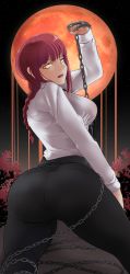 Rule 34 | 1girl, absurdres, ass, braid, breasts, chain, chainsaw man, formal, from behind, full moon, highres, huge ass, large breasts, long hair, looking at viewer, looking back, makima (chainsaw man), moon, pants, pantylines, red hair, red moon, shiny clothes, sideboob, single braid, smile, solo, xxpulp, yellow eyes