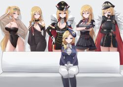 Rule 34 | 6+girls, absurdres, ascot, azur lane, bismarck (azur lane), bismarck (beacon of the iron blood) (azur lane), bismarck (iron black elysium) (azur lane), bismarck zwei (azur lane), bismarck zwei (crystal-clear holiday) (azur lane), black cape, black dress, black footwear, black gloves, black one-piece swimsuit, blonde hair, blue eyes, boots, bow, bowtie, breasts, cape, chinese commentary, cleavage, commentary request, couch, covered navel, cross, crossed arms, doppelganger, dress, eyewear on head, frown, fur-trimmed cape, fur trim, gaizhuang no tianlangxing-shiriasu, gloves, hat, highres, historical, historical connection, hood (azur lane), hood (gentlewoman and stallion) (azur lane), iron cross, knee boots, large breasts, looking at another, looking at viewer, meme, multiple girls, one-piece swimsuit, pants, piper perri surrounded (meme), purple shirt, riding boots, see-through, shirt, sitting, smile, sunglasses, swimsuit, thigh boots, tight clothes, tight pants, white ascot, white gloves, yuri