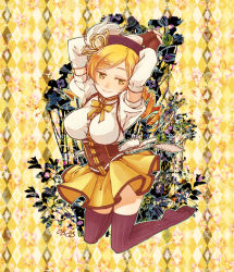 Rule 34 | 1girl, abstract background, argyle, argyle background, argyle clothes, arms behind head, arms up, belt buckle, beret, blonde hair, breasts, buckle, corset, detached sleeves, drill hair, fingerless gloves, flower, gloves, hat, highres, kneeling, large breasts, looking at viewer, magical girl, mahou shoujo madoka magica, mahou shoujo madoka magica (anime), miniskirt, mori obi, neck ribbon, no shoes, ribbon, shoes, skirt, smile, solo, striped clothes, striped thighhighs, swept bangs, thighhighs, thighs, tomoe mami, twin drills, vertical-striped clothes, vertical-striped thighhighs, yellow background, yellow eyes, yellow ribbon, yellow skirt