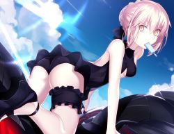 Rule 34 | 1girl, artoria pendragon (all), artoria pendragon (alter swimsuit rider) (first ascension) (fate), artoria pendragon (fate), ass, bare shoulders, black one-piece swimsuit, blonde hair, blue sky, braid, breasts, cloud, day, diffraction spikes, dutch angle, excalibur morgan (fate), fate/stay night, fate (series), food, french braid, frills, from behind, hair bun, hair ribbon, high heels, looking at viewer, looking back, medium breasts, minamina, motor vehicle, motorcycle, mouth hold, one-piece swimsuit, outdoors, pale skin, popsicle, ribbon, riding, saber alter, short hair, single hair bun, sky, solo, swimsuit, sword, thigh strap, weapon, yellow eyes