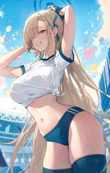 Rule 34 | 1girl, asuna (blue archive), blue archive, blue eyes, highres, light brown hair, long hair, looking at viewer, shirt, short sleeves, smile, solo, standing, ttosom, white shirt