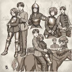 Rule 34 | 1boy, 1girl, absurdres, armor, armored boots, boots, breastplate, chainmail, closed eyes, helm, helmet, highres, holding, holding reins, holding sword, holding weapon, horse, horseback riding, hug, hug from behind, knight, medieval, monochrome, multiple riders, original, ostwindprojekt, plate armor, polearm, reins, riding, saddle, sleeping, sword, weapon