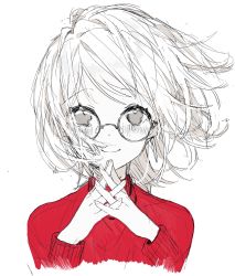 Rule 34 | 1girl, bad id, bad twitter id, blush, closed mouth, fingernails, floating hair, glasses, highres, interlocked fingers, long sleeves, looking at viewer, monochrome, original, own hands together, red sweater, red theme, round eyewear, short hair, simple background, smile, sogawa, solo, sweater, white background