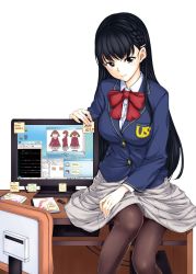 Rule 34 | 1girl, absurdres, black eyes, black hair, blazer, blue jacket, blush, braid, breast pocket, breasts, cd case, chair, closed mouth, computer, copyright request, desk, feet out of frame, french braid, grey skirt, hair ornament, hairclip, hamao, hand on own thigh, highres, jacket, large breasts, long hair, long sleeves, looking at viewer, monitor, neck ribbon, novel illustration, official art, on desk, pantyhose, pocket, red ribbon, ribbon, school uniform, simple background, sitting, on desk, skirt, smile, solo, white background