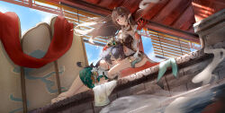 2girls absurdres ahoge bare_shoulders barefoot black_hair blunt_bangs breasts brown_hair chinese_clothes colored_extremities detached_sleeves dress grey_hair hair_between_eyes hair_ornament hairclip halterneck headpiece highres honkai:_star_rail honkai_(series) large_breasts lingsha_(honkai:_star_rail) long_hair looking_at_viewer multiple_girls orange_eyes pointy_ears red_hands short_sleeves sleeping sleeping_on_person very_long_hair yawww_(yawwwart) yunli_(honkai:_star_rail)