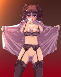 Rule 34 | 00s, 1girl, black thighhighs, blush, bra, fate/stay night, fate (series), garter belt, lingerie, nipples, no pussy, open clothes, open shirt, shirt, solo, thighhighs, tohsaka rin, two side up, underwear, yoshida inuhito