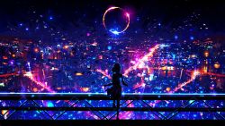 Rule 34 | 1girl, absurdres, animal, bird, black background, blue background, city, colorful, cyberpunk, dress, from behind, highres, lights, night, original, rykyart, scenery, short hair, solo, standing