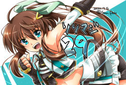 Rule 34 | 1girl, ahoge, arm up, belt, bike shorts, black belt, black gloves, black shirt, black shorts, brown hair, clenched hand, commentary request, dated, elbow gloves, fighting stance, fingerless gloves, fuka reventon, gauntlets, gloves, green eyes, green ribbon, hair ornament, hair ribbon, hairclip, jacket, leaning forward, long hair, looking at viewer, lyrical nanoha, magical girl, midriff, navel, open mouth, outline, overskirt, ponytail, ribbon, san-pon, shirt, shorts, skirt, sleeveless, sleeveless jacket, smile, solo, standing, translated, twitter username, vivid strike!, white gloves, white jacket, white outline, white skirt