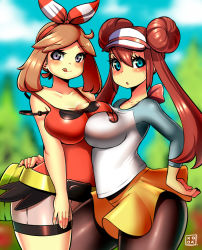 Rule 34 | 10s, 2girls, :d, alternate breast size, asymmetrical docking, breast press, breasts, brown hair, cleavage, creatures (company), double bun, game freak, hair bun, huge breasts, kenron toqueen, licking lips, looking at viewer, may (pokemon), may (pokemon oras), multiple girls, naughty face, nintendo, open mouth, pantyhose, pokemon, pokemon bw2, pokemon oras, rosa (pokemon), short shorts, shorts, smile, sweat, tongue, tongue out, twintails, visor cap, yuri