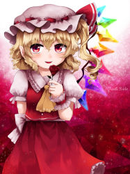 Rule 34 | 1girl, arm behind back, ascot, back bow, blonde hair, blouse, bow, character name, collared shirt, commentary request, flandre scarlet, flower, frilled shirt collar, frilled skirt, frills, gradient background, hair between eyes, hat, hat ribbon, highres, holding, holding flower, looking at viewer, maa (forsythia1729), medium hair, mob cap, open mouth, pointy ears, puffy short sleeves, puffy sleeves, red background, red eyes, red flower, red ribbon, red rose, red skirt, red vest, ribbon, ribbon-trimmed headwear, ribbon trim, rose, shirt, short sleeves, side ponytail, skirt, skirt set, touhou, vest, white bow, white hat, white shirt, wings, yellow ascot