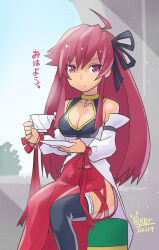 Rule 34 | 1girl, black ribbon, black thighhighs, breasts, character request, cleavage, closed mouth, collarbone, cup, hair ribbon, holding, holding cup, long hair, looking at viewer, medium breasts, oyster (artist), red eyes, red hair, ribbon, skirt, solo, spectral (series), spectral force, teacup, thighhighs