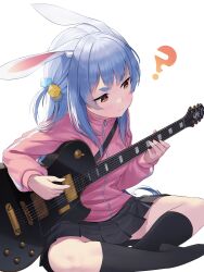Rule 34 | 1girl, ?, absurdres, animal ear fluff, animal ears, black skirt, black socks, blue hair, blush, bocchi the rock!, brown eyes, closed mouth, commentary request, cosplay, cube hair ornament, electric guitar, eyelashes, gotoh hitori (cosplay), gotoh hitori, guitar, hair ornament, highres, holding, holding instrument, hololive, instrument, jacket, long hair, long sleeves, looking down, music, pink jacket, playing instrument, pleated skirt, rabbit ears, reccu, sidelocks, simple background, sitting, skirt, socks, solo, strap, sweatdrop, usada pekora, virtual youtuber, white background, zipper pull tab